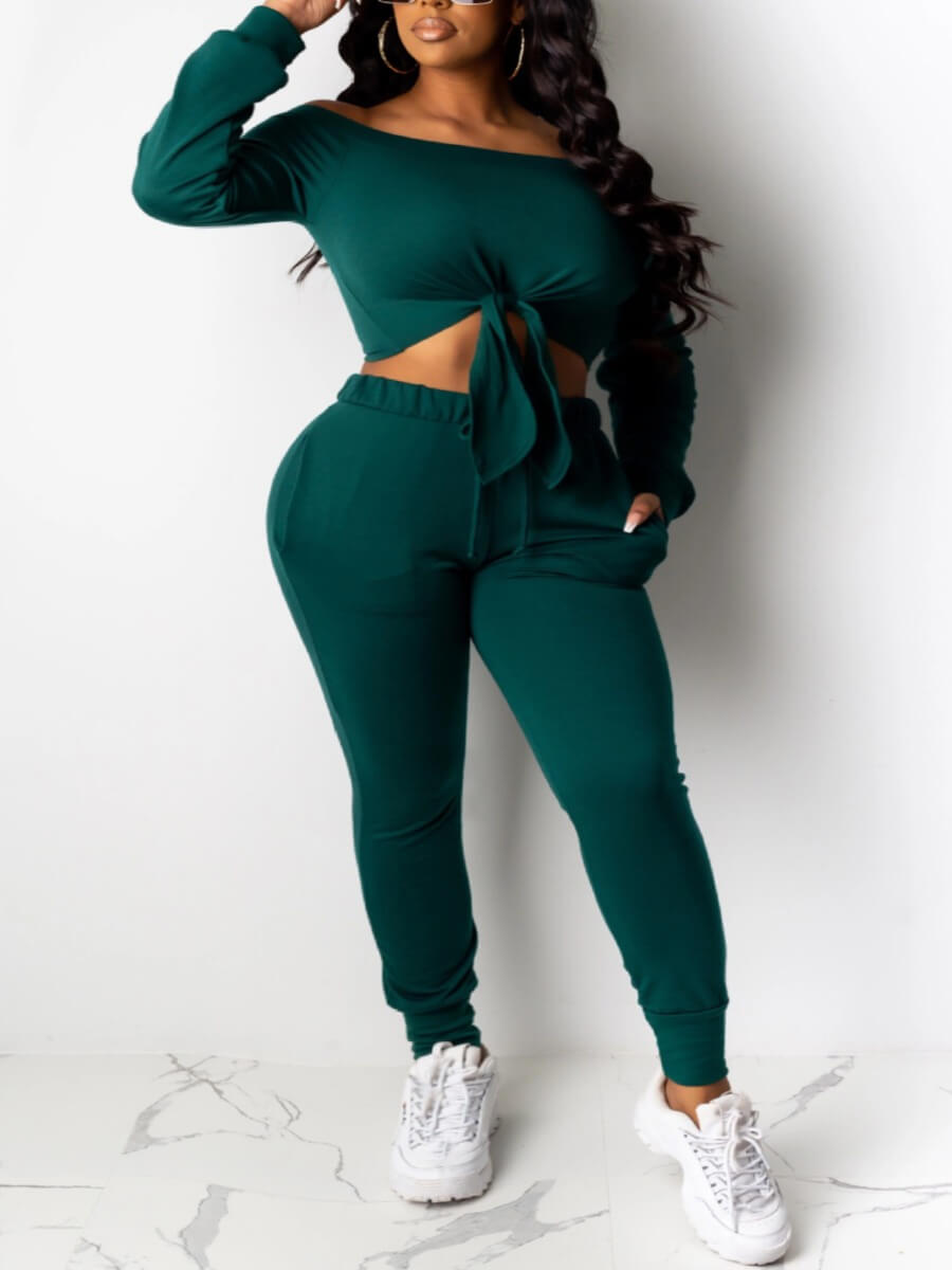

Lovely Casual Bateau Neck Drawstring Black Green Two Piece Pants Set