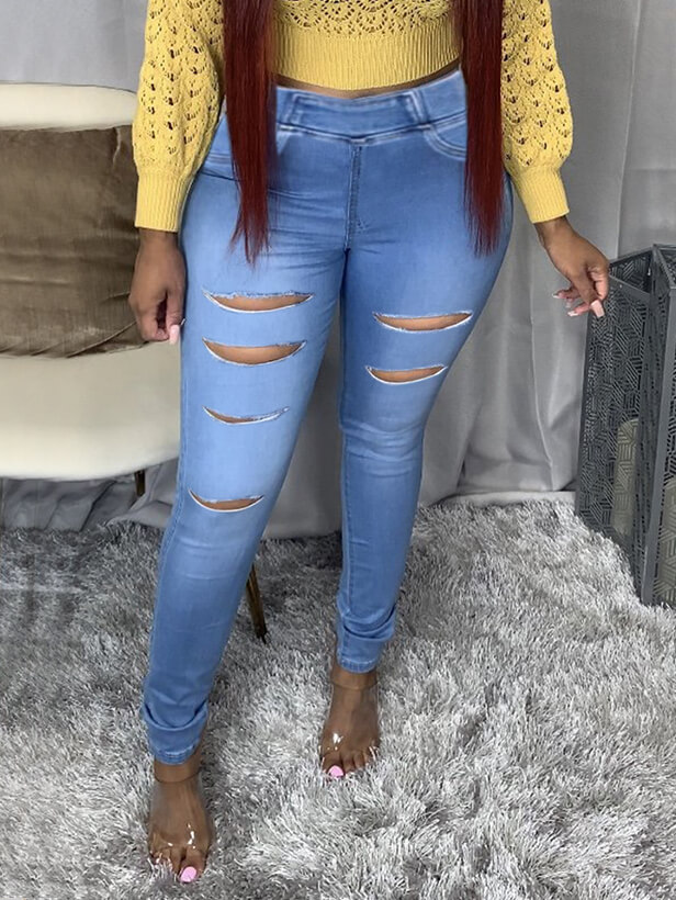 

Lovely Trendy High-waisted Ripped Baby Blue Jeans
