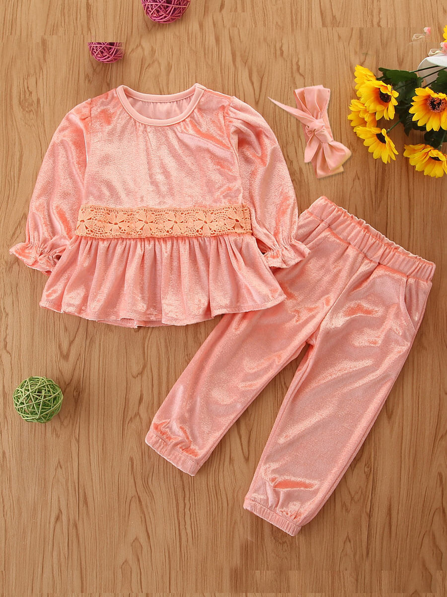 

Lovely Sweet O Neck Ruffle Design Pink Girls Two-piece Pants Set