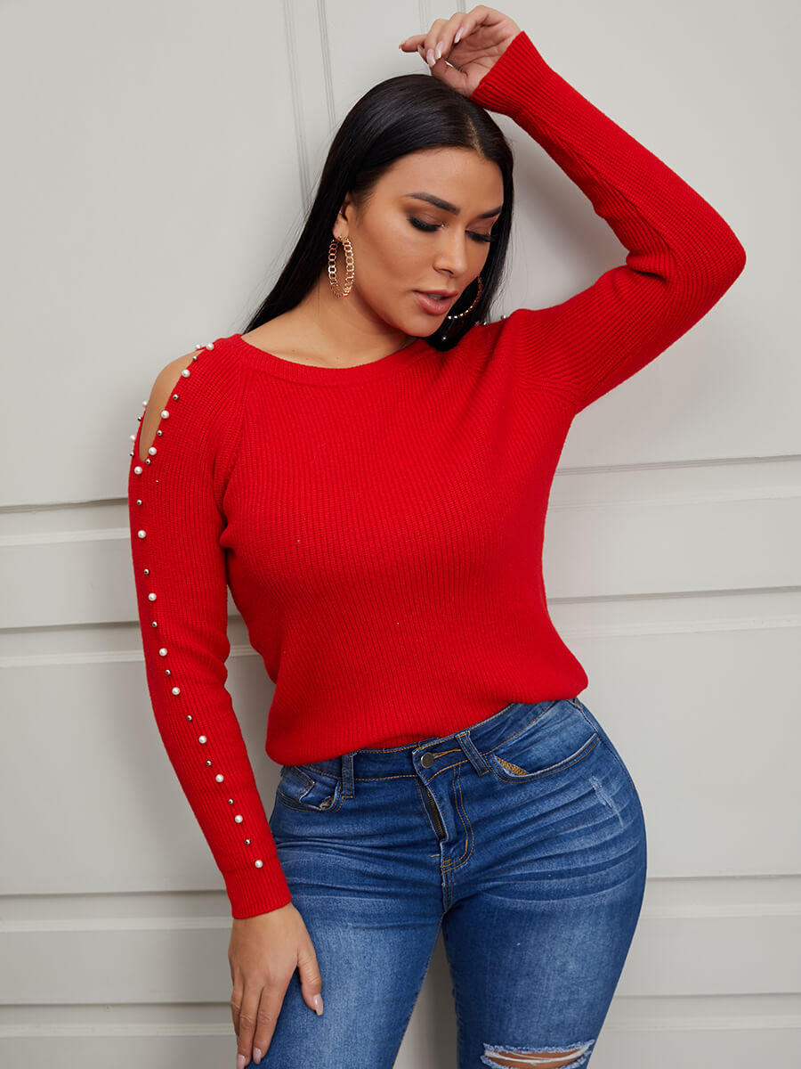 

Lovely Sweet Pearl Decorative Hollow-out Red Sweater