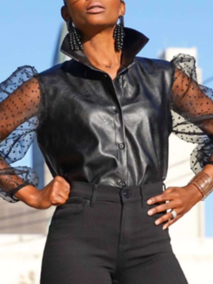 

Lovely Street Mesh Patchwork Button Design Black Blouse