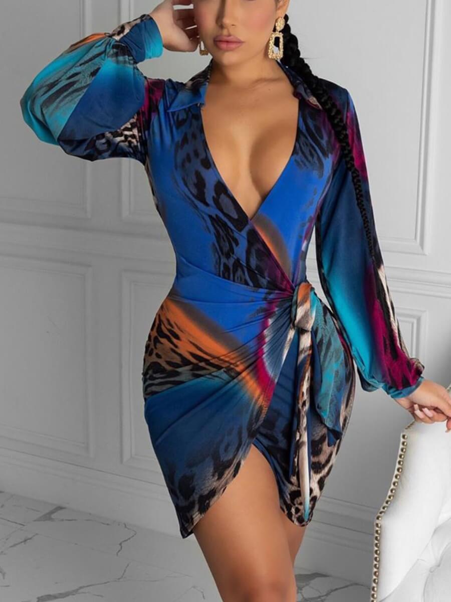 

Lovely Sexy Print Patchwork Knot Design Blue Mini Dress
