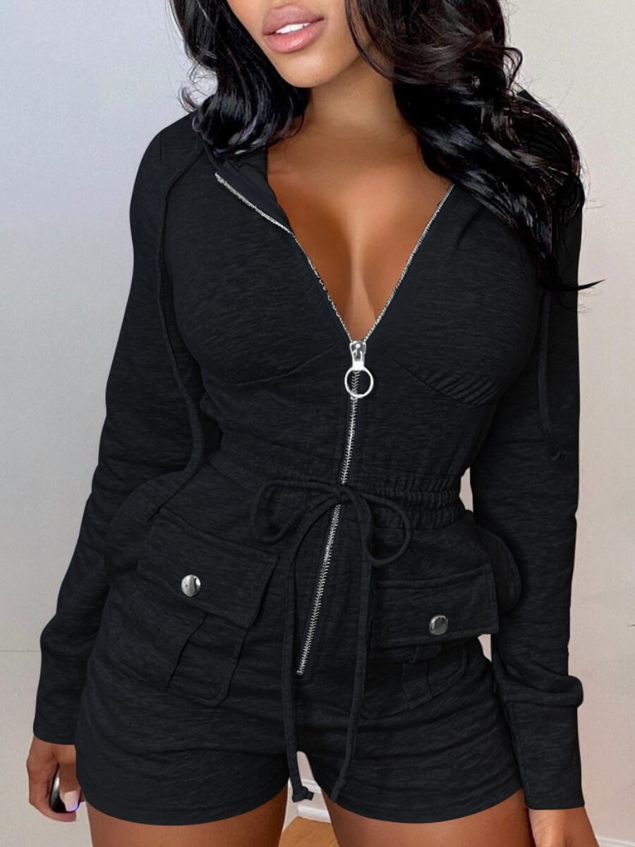 

Lovely Trendy Drawstring Zipper Pocket Design Black One-piece Romper