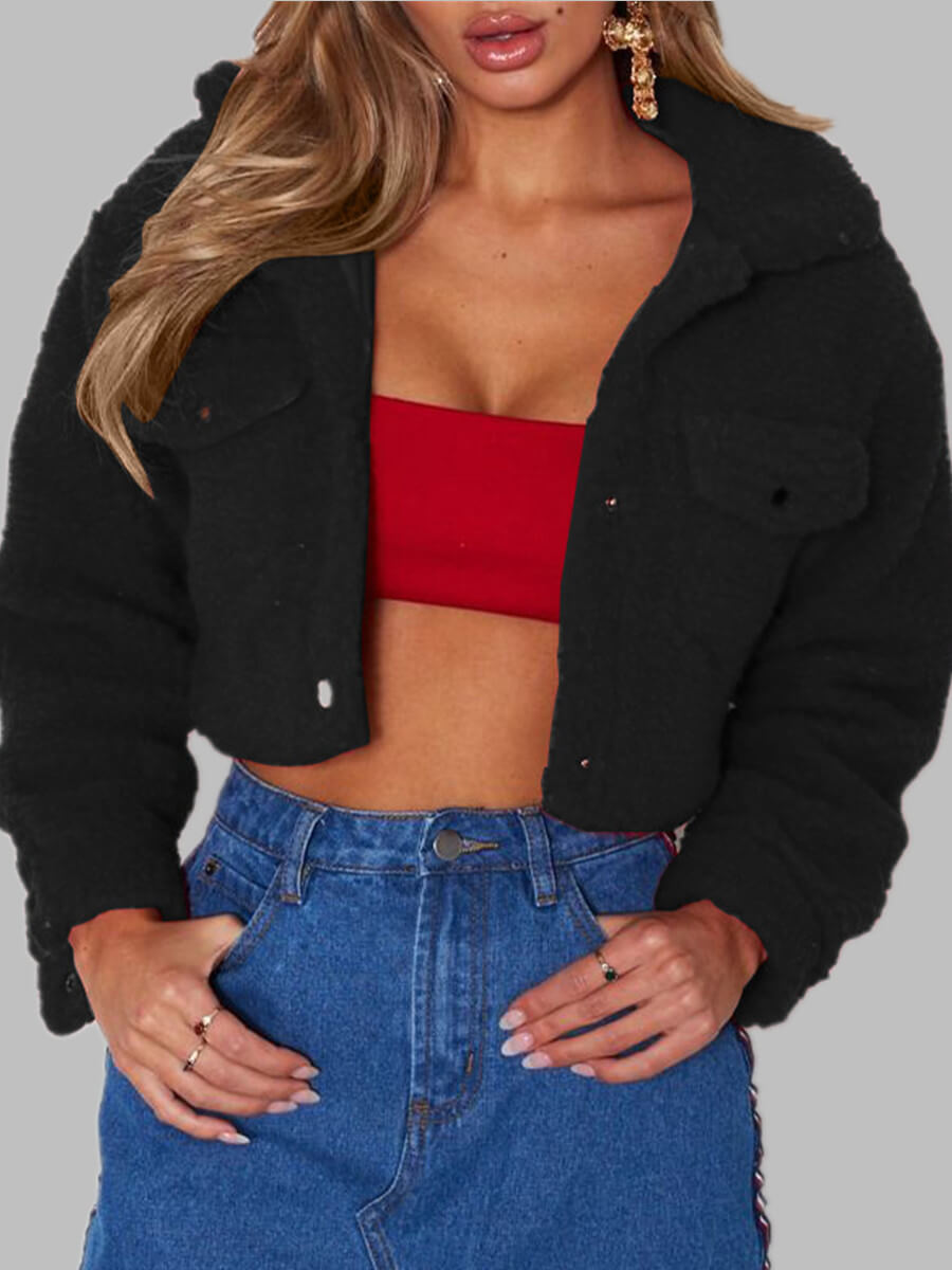 

Lovely Casual Pocket Button Design Black Faux Fur