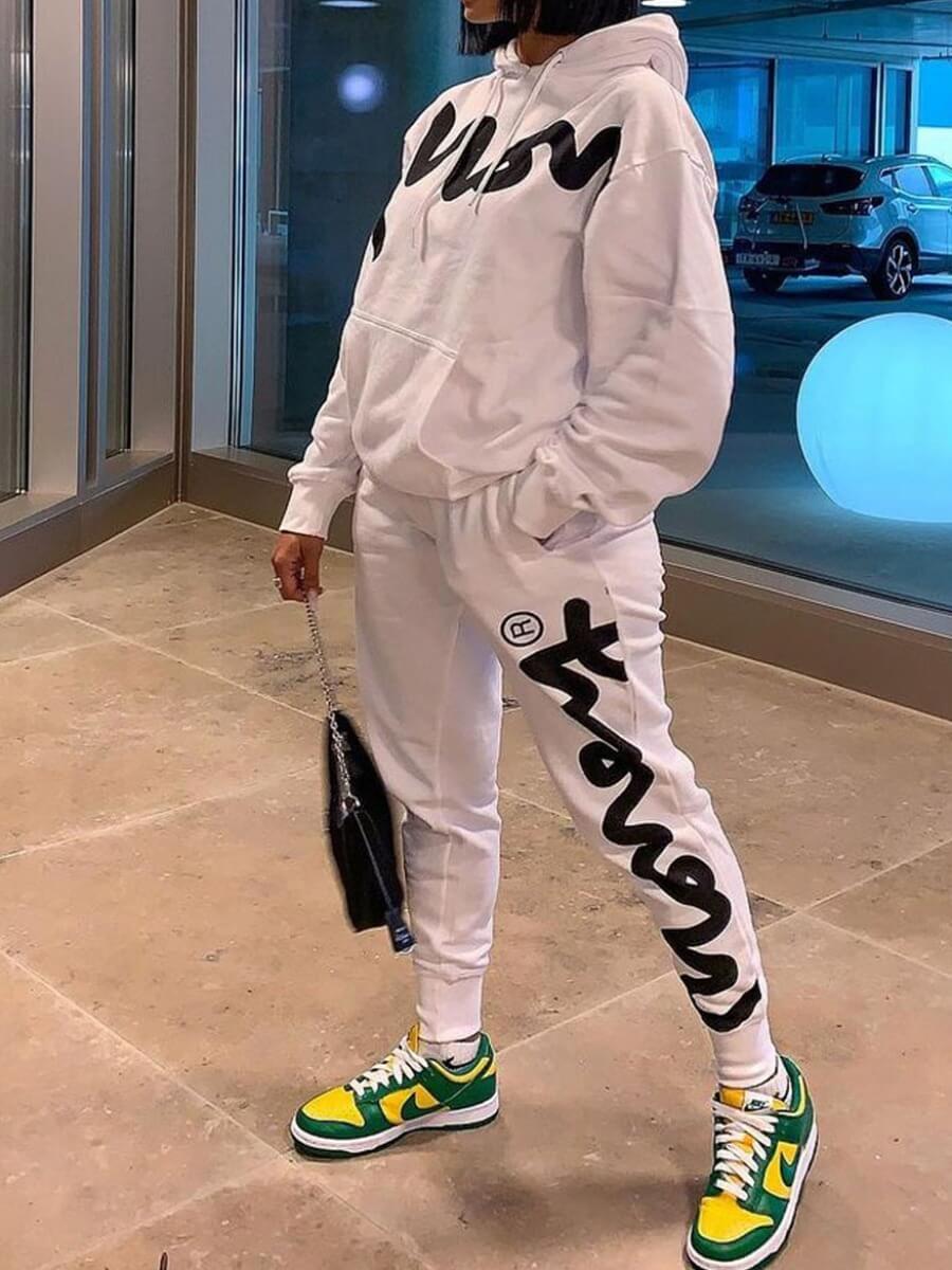 

Lovely Street Hooded Collar Letter Print White Two Pants Set