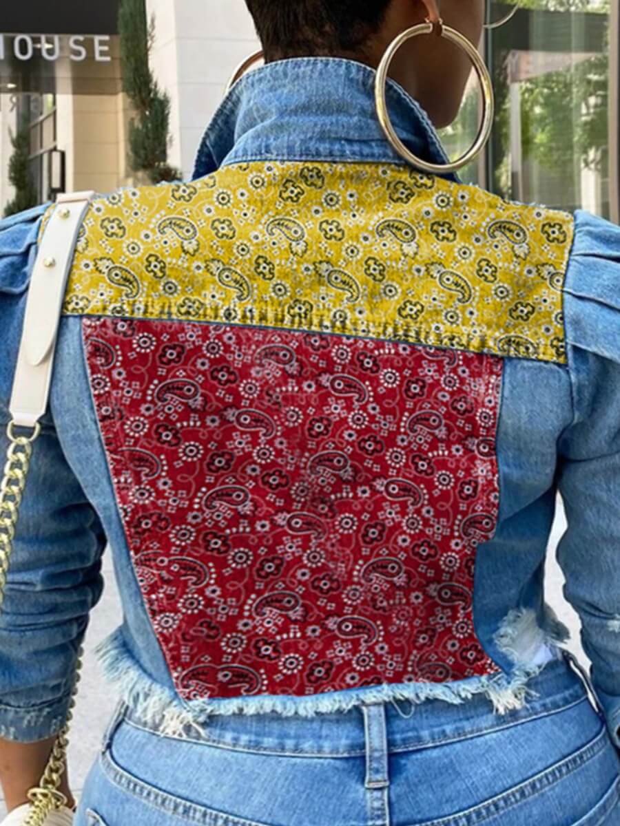 

Lovely Street Turndown Collar Print Patchwork Blue Denim Jacket
