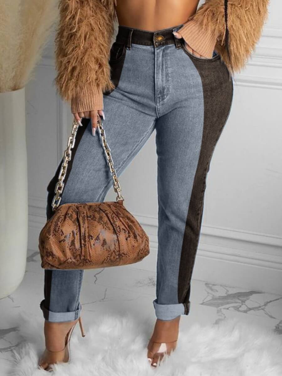 

Lovely Casual High-waisted Patchwork Blue Jeans