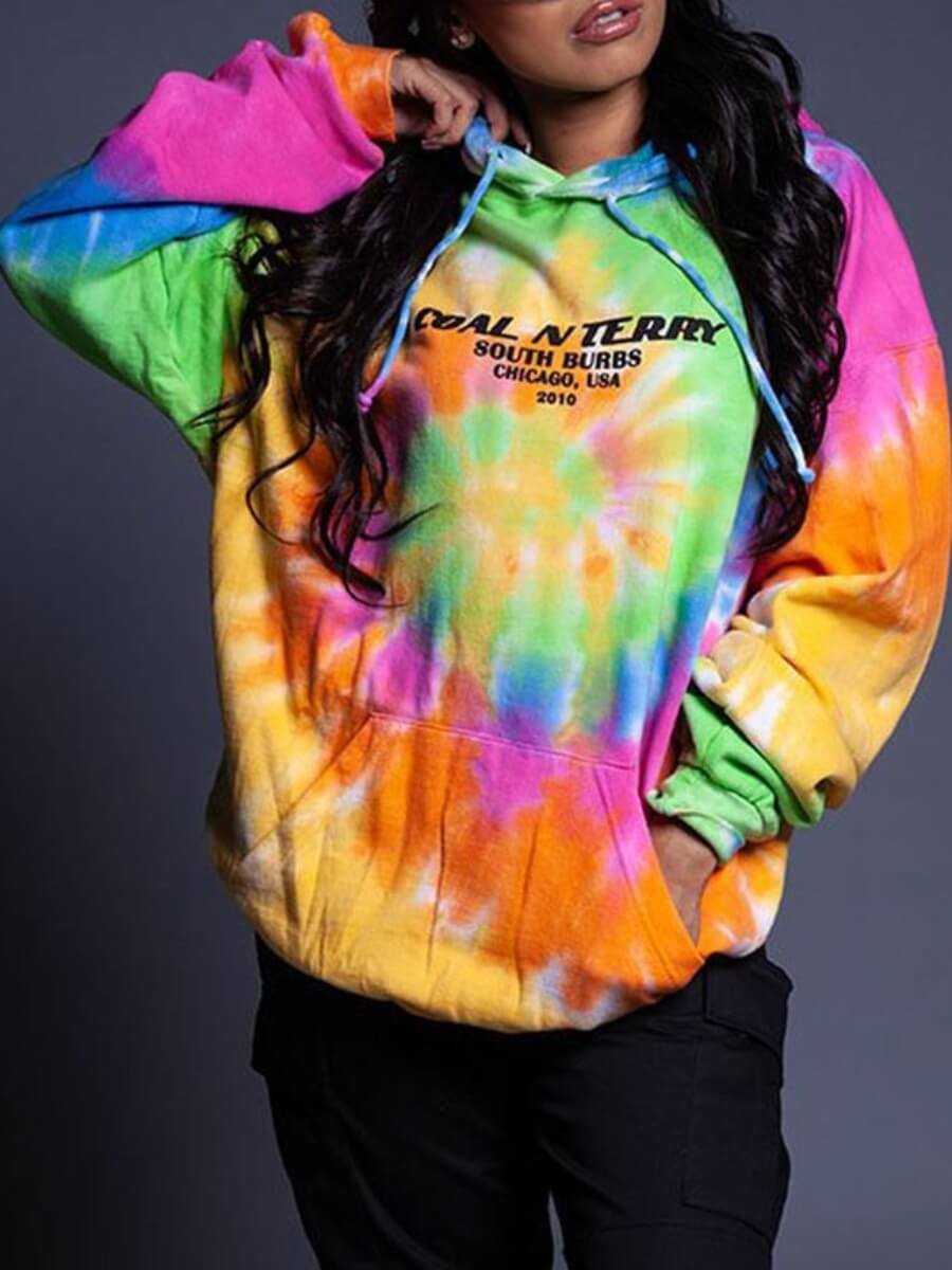 

Lovely Casual Letter Print Tie-dye Multicolor Hoodie, Multi