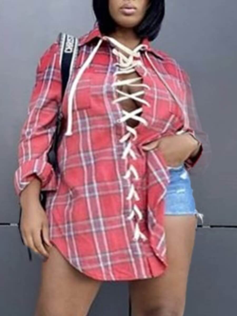 

Lovely Casual Plaid Print Bandage Hollow-out Design Red Plus Size Blouse