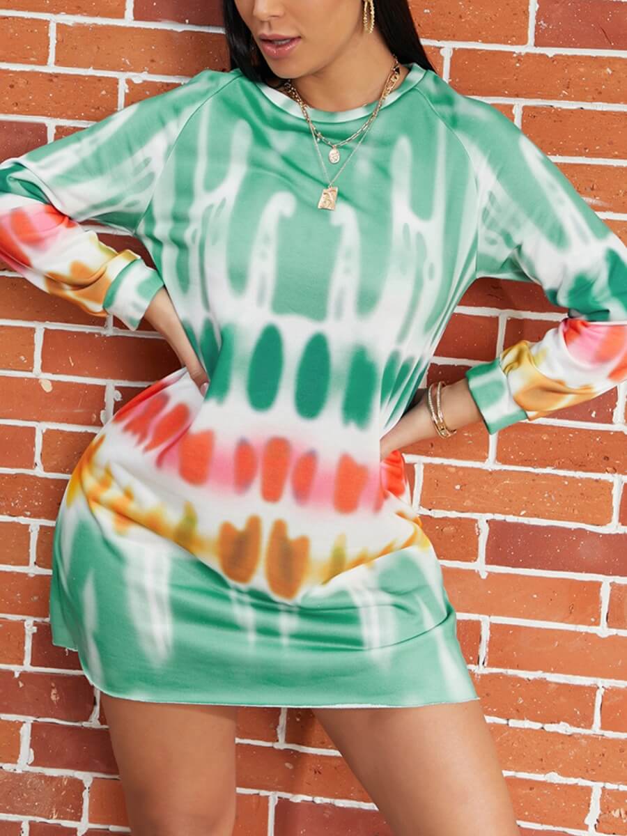 

LW Round Neck Tie-dye Dress, Light green