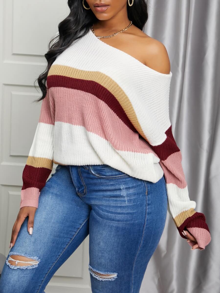

LW Casual Color-lump Patchwork Pink Sweater