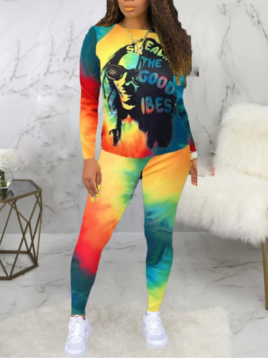 

Lovely Street Graffiti Print Tie Dye Yellow Two Piece Pants Set