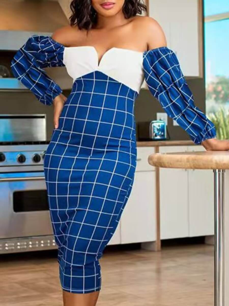 

Lovely Chic Off The Shoulder Plaid Print Patchwork Blue Mid Calf Dress