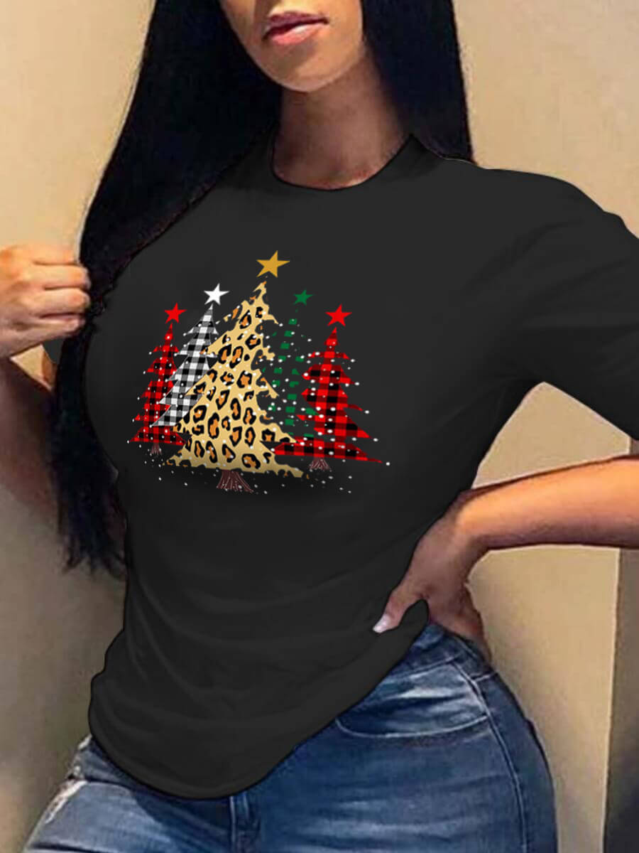 

Lovely Casual Christmas Day Tree Print Black Plus Size T-shirt