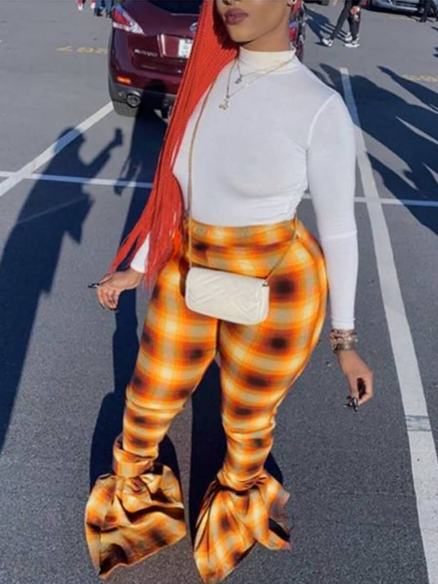 

Lovely Casual Turtleneck Grid Print Yellow Plus Size Two-piece Pants Set