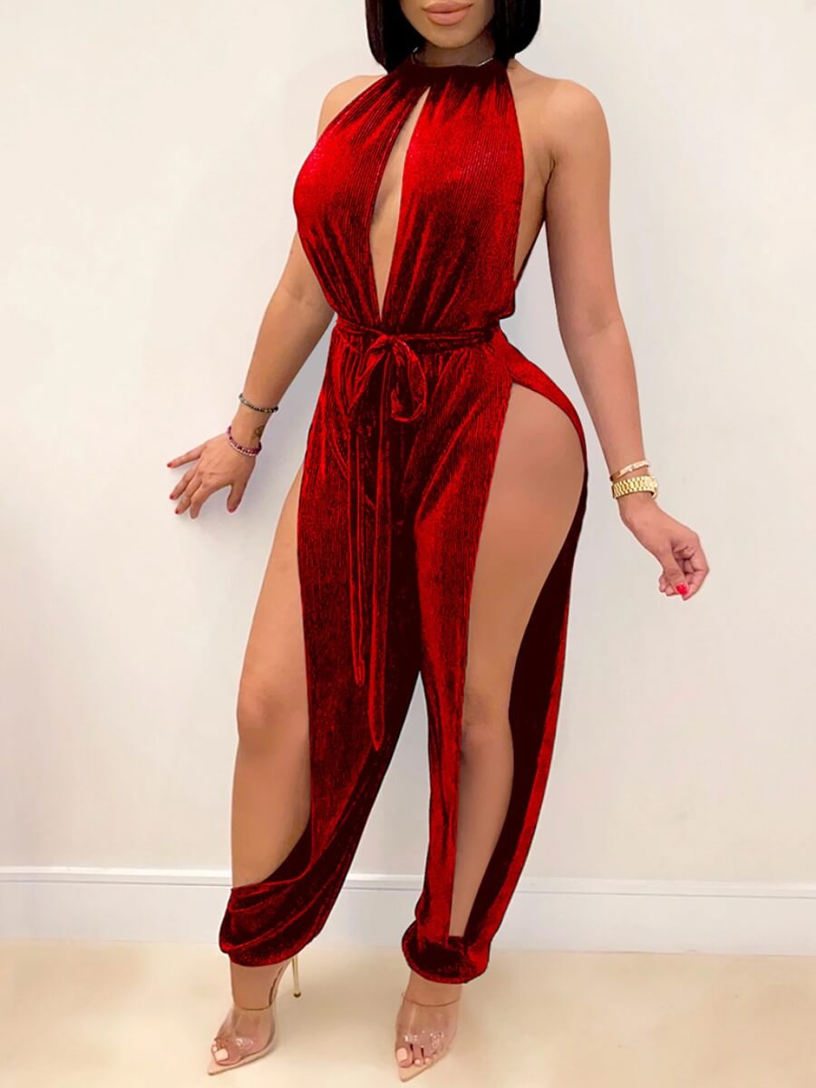 

LW SXY Hollow-out Lace-up Red One-piece Jumpsuit