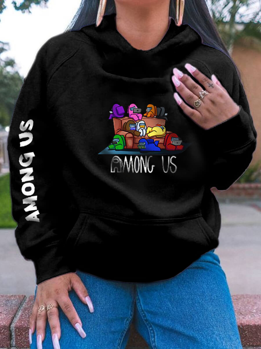 

Lovely Casual Cartoon Print Kangaroo Pocket Black Hoodie