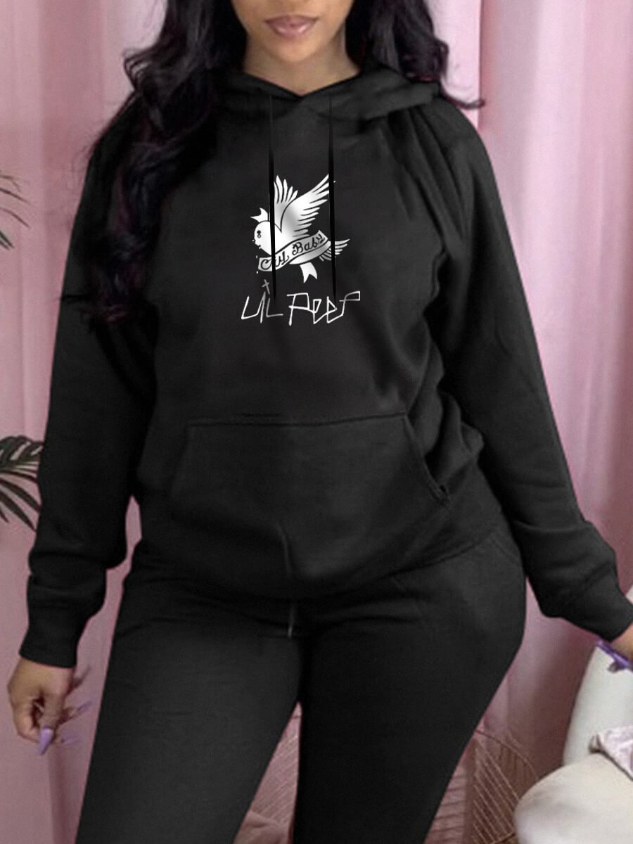 

Lovely Casual Hooded Collar Bird Print Black Hoodie