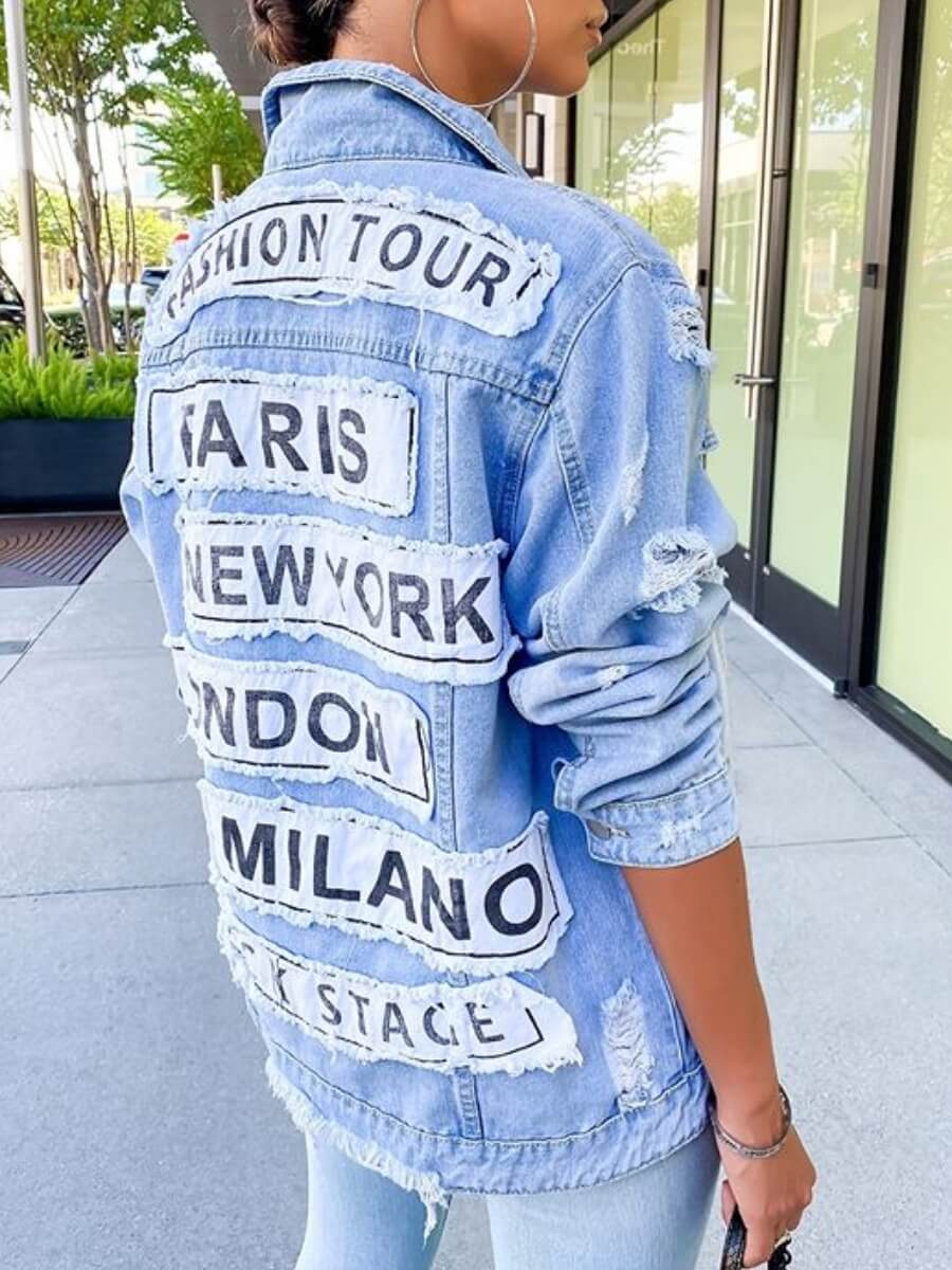

Lovely Street Letter Print Broken Holes Baby Blue Denim Jacket