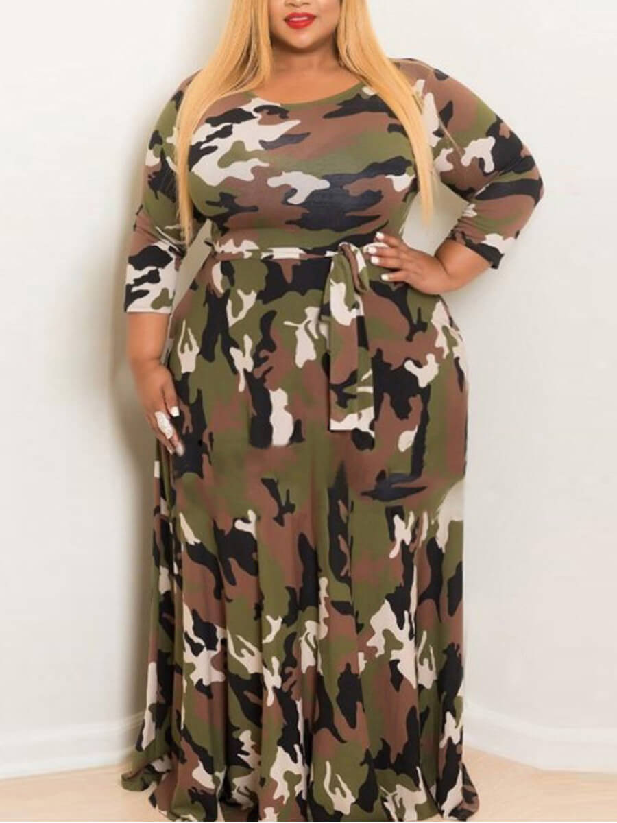 

LW BASICS Plus Size Casual Camo Print Army Green Floor Length A Line Dress, Army green camouflag