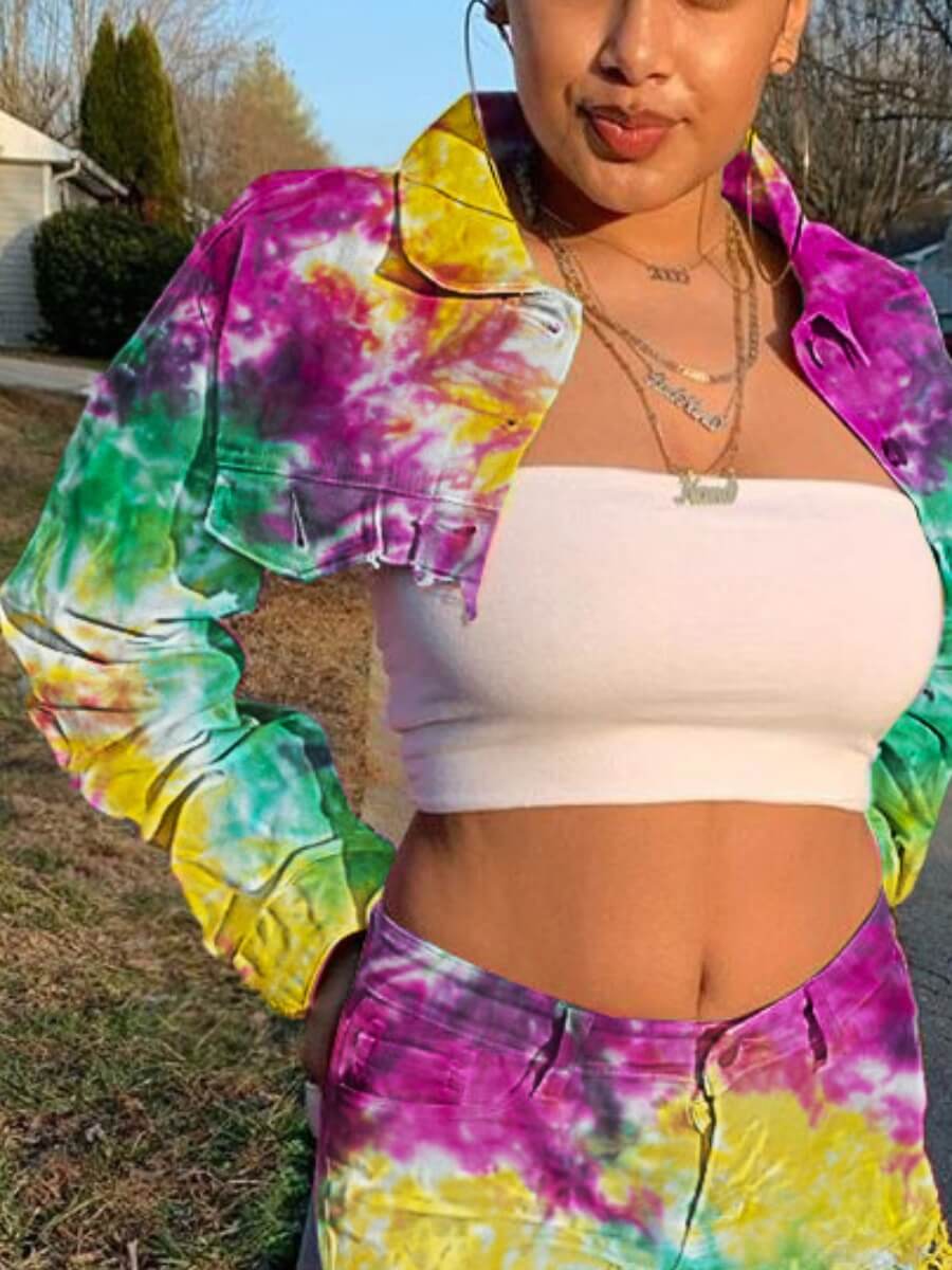 

Lovely Street Turndown Collar Tie-dye Yellow Short Denim Jacket