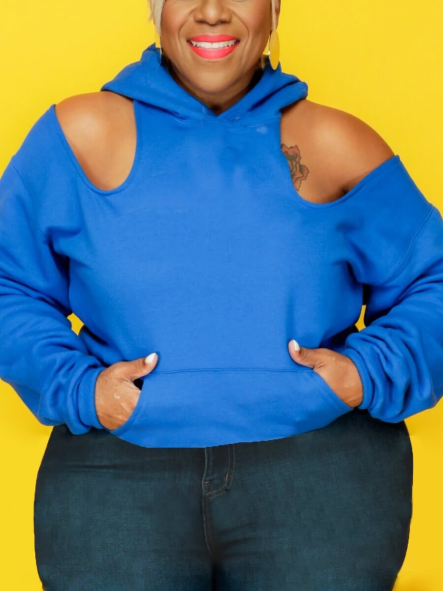 

Lovely Casual Cold Shoulder Ripped Design Blue Plus Size Hoodie