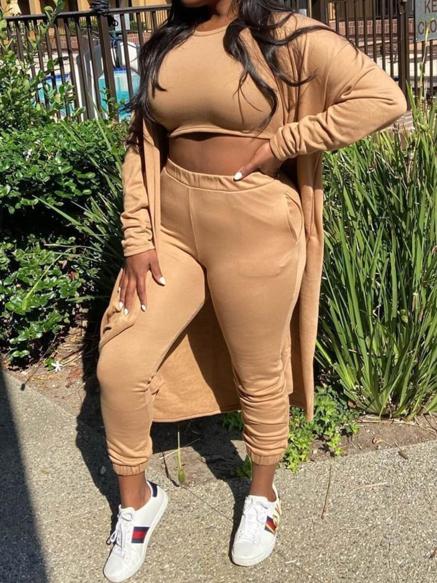 

Lovely Casual O Neck Crop Top Brown Three Piece Pants Set
