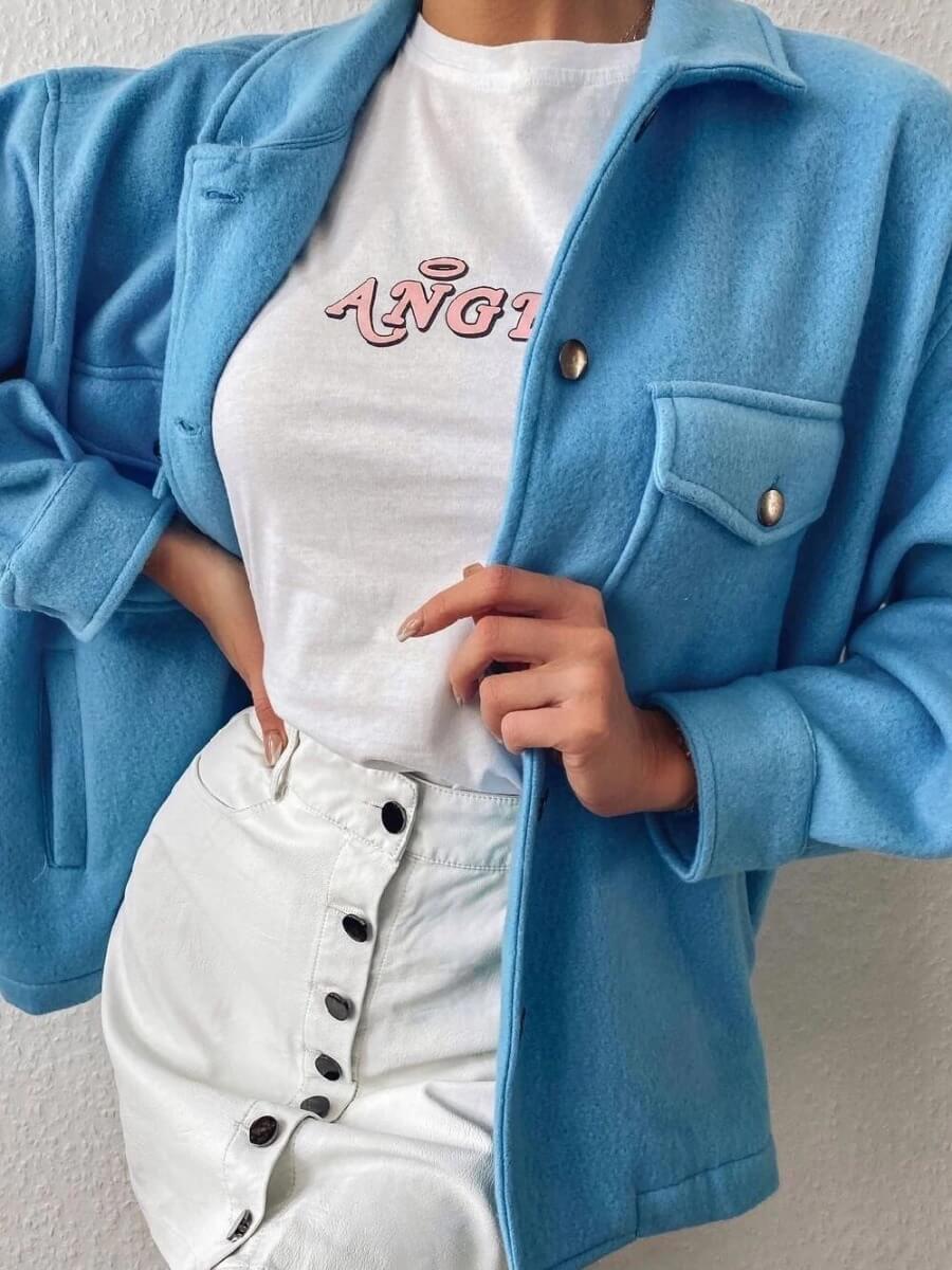 

Lovely Casual Turndown Collar Button Design Loose Blue Jacket