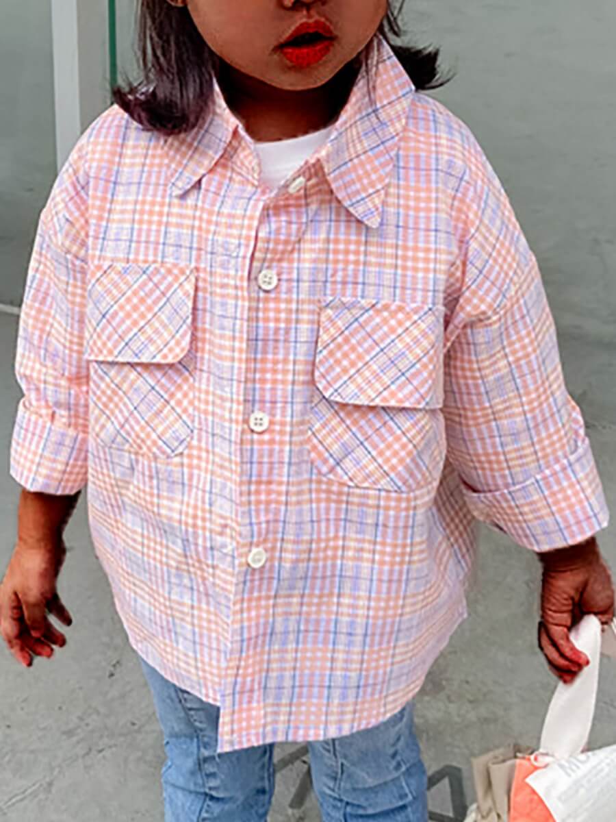 

Lovely Casual Plaid Print Patchwork Pink Girl Blouse