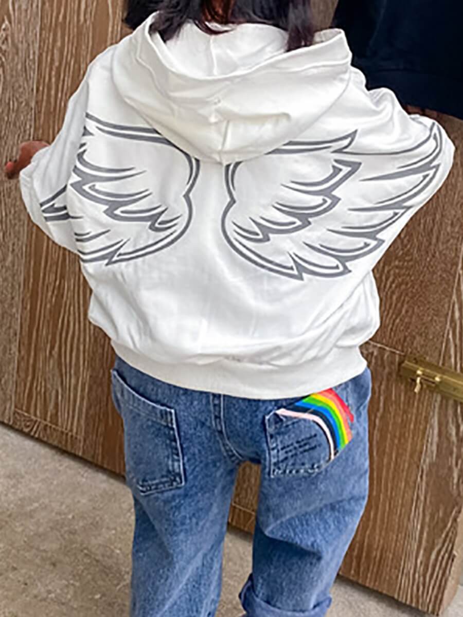 

Lovely Casual Feather Print Kangaroo Pocket White Girl Hoodie