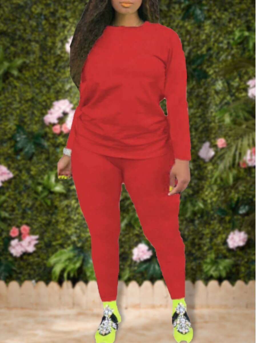 

Lovely Leisure O Neck Basic Skinny Red Plus Size Two-piece Pants Set