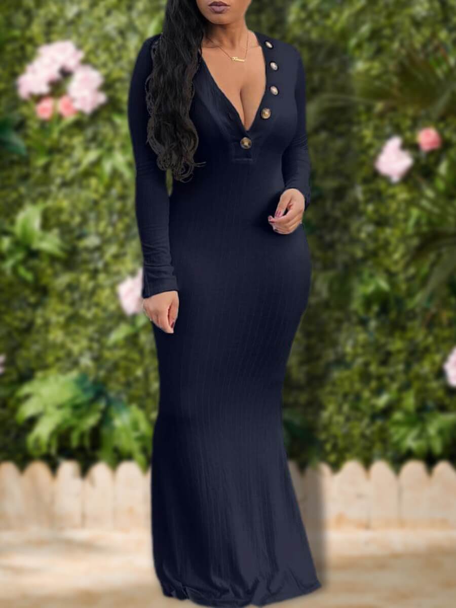 

Lovely Casual V Neck Button Design Black Floor Length Dress