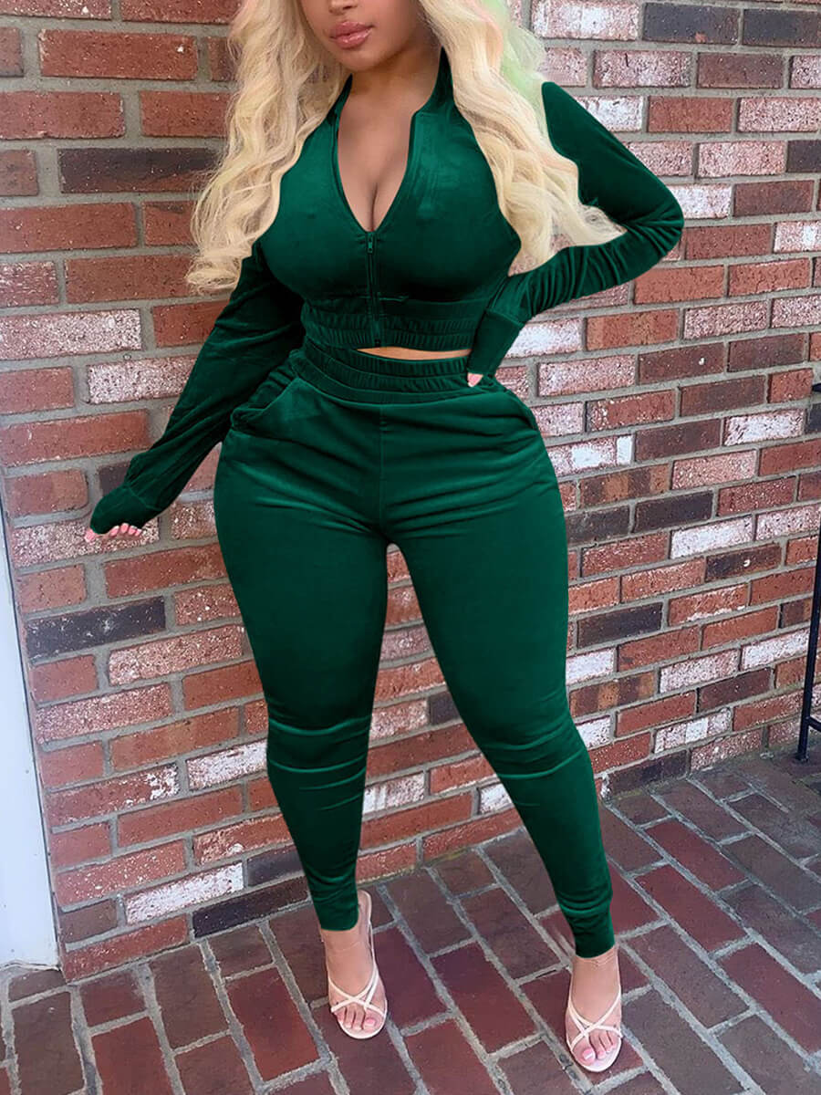 

Lovely Casual V Neck Zipper Design Green Plus Size Two-piece Pants Set