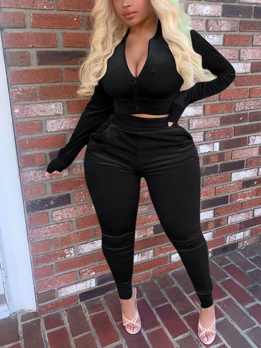 

Lovely Casual V Neck Zipper Design Black Plus Size Two-piece Pants Set
