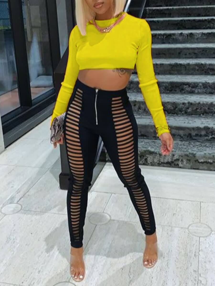 

Lovely Street Hollow-out Crop Top Yellow Two Piece Pants Set