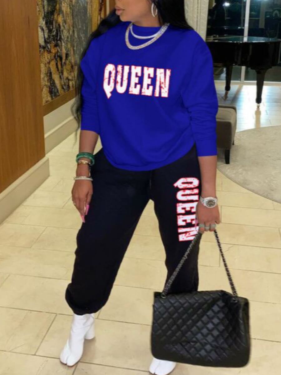 

Lovely Casual O Neck Letter Print Blue Two Piece Pants Set