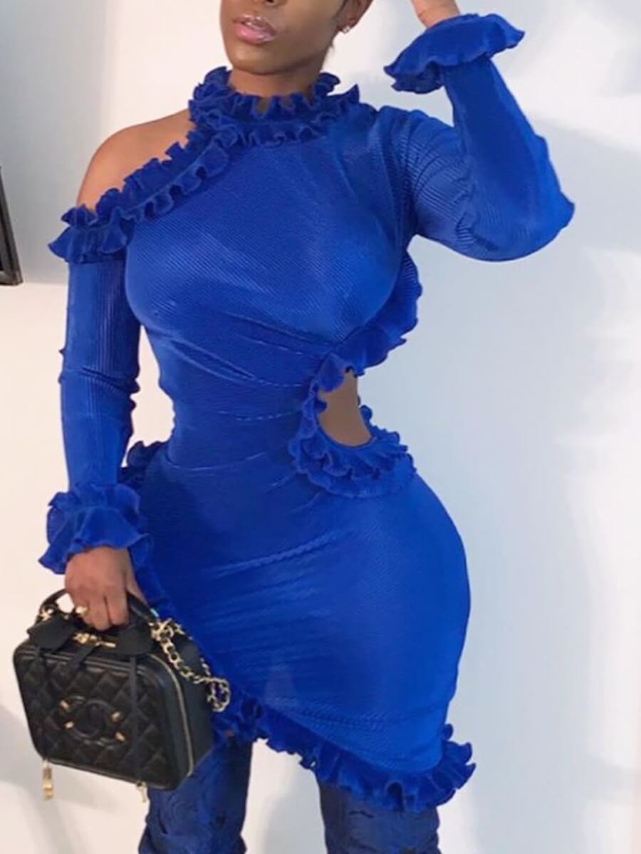 

Lovely Sweet Off The Shoulder Hollow-out Asymmetrical Blue Mini Dress