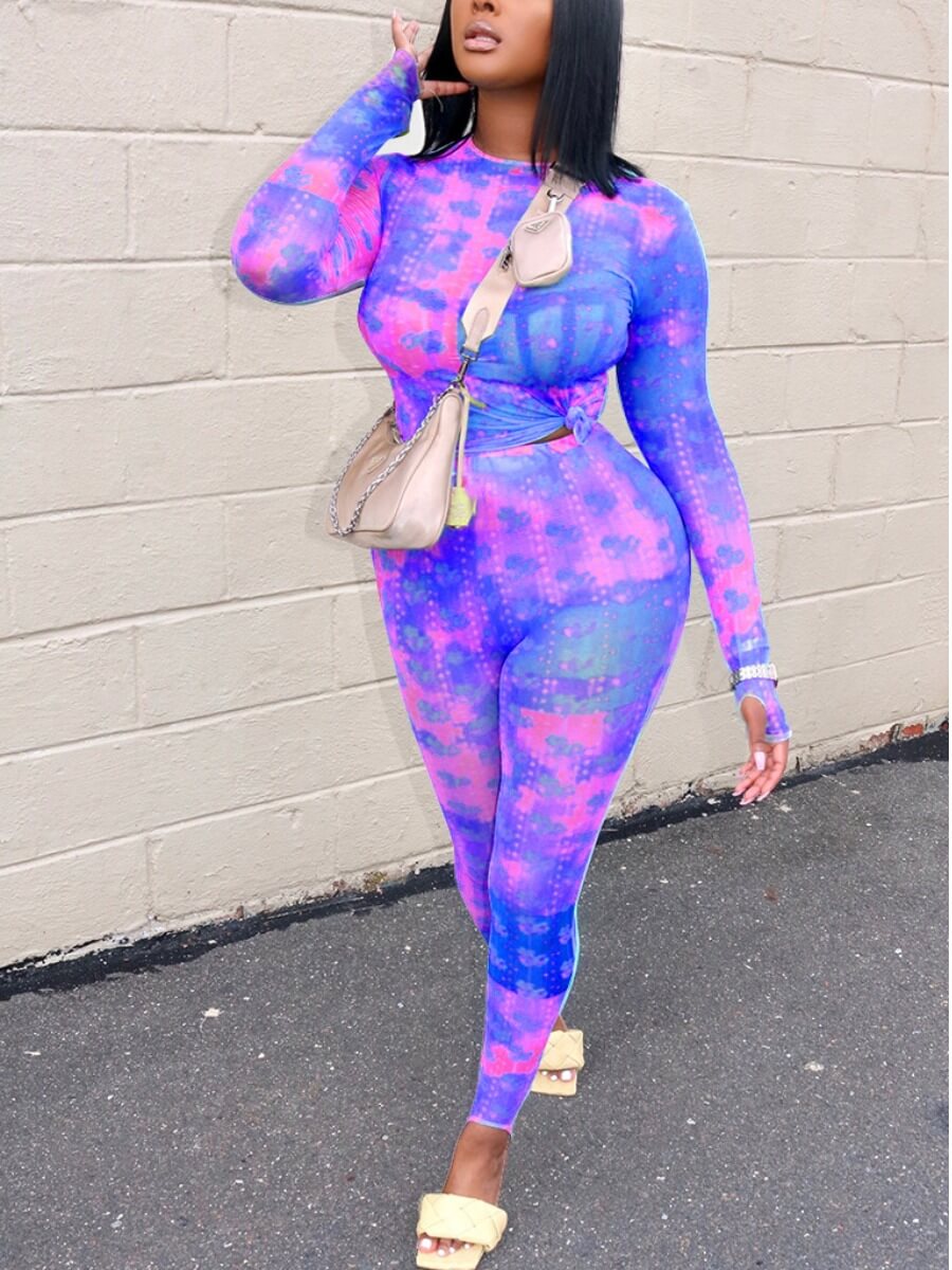 

Lovely Casual O Neck Tie-Dye Print Purple Two Piece Pants Set