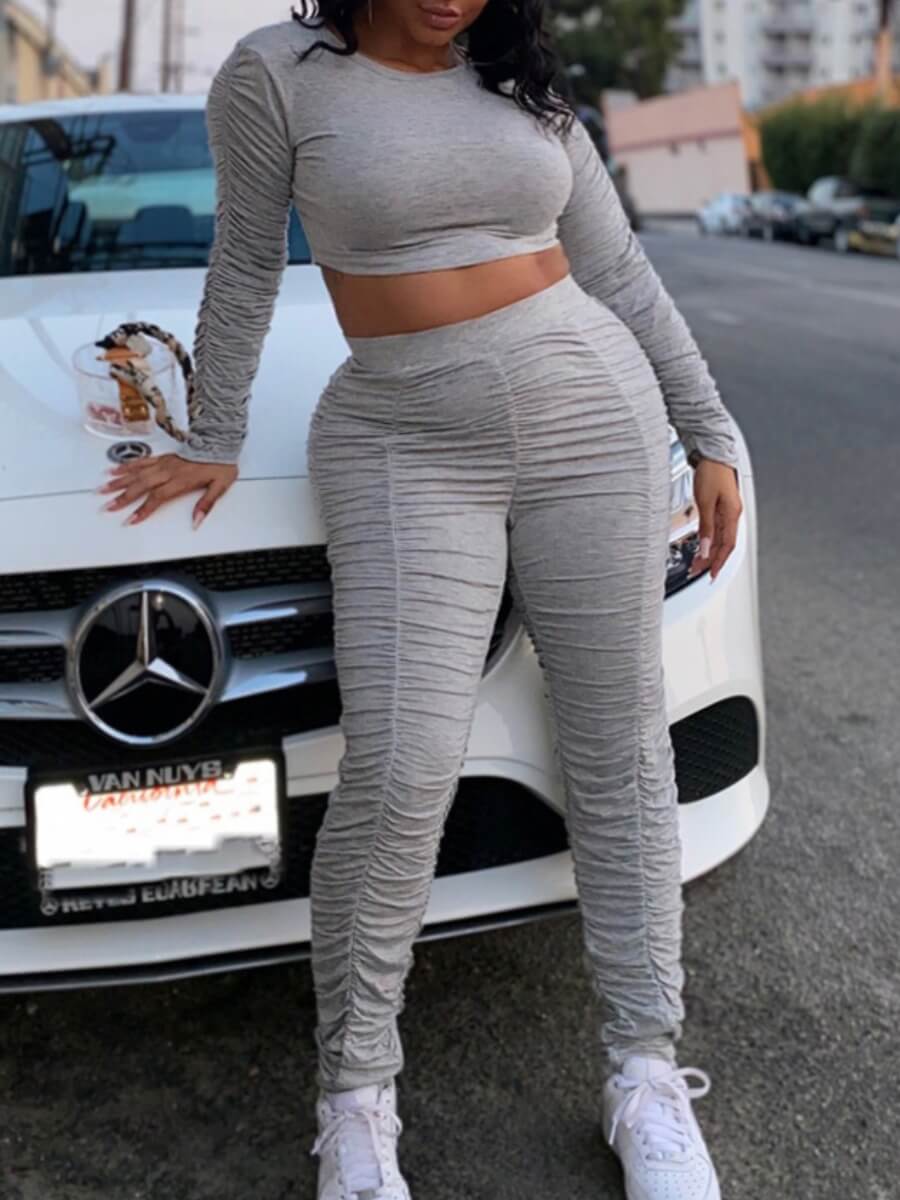 

Lovely Casual O Neck Fold Design Grey Two Piece Pants Set