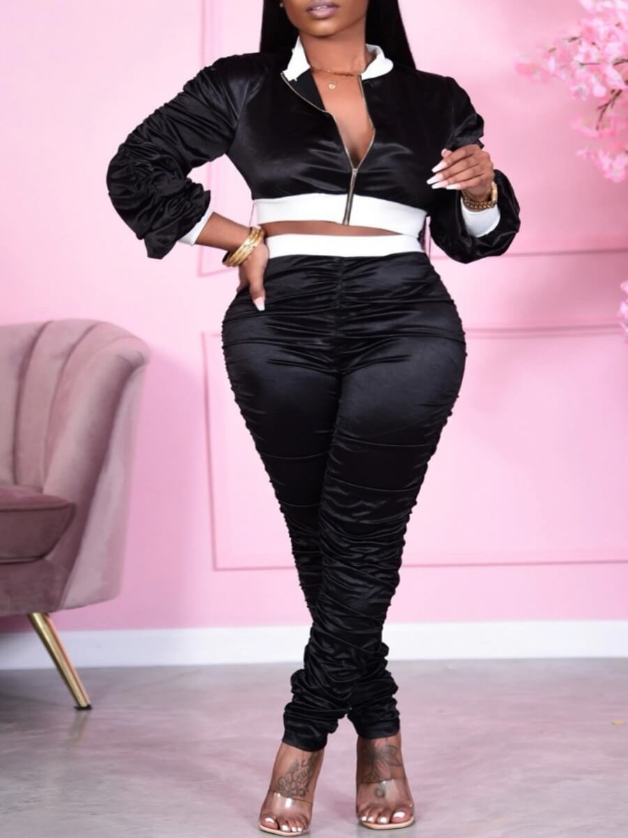 

Lovely Sportswear Patchwork Zipper Design Black Two Piece Pants Set