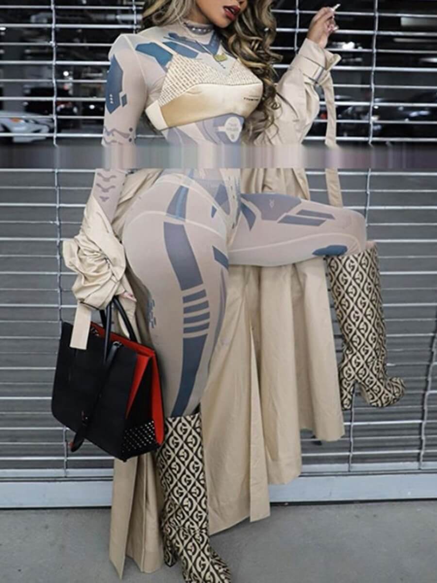 

Lovely Sexy Half A Turtleneck Print See-through Apricot Two Piece Pants Set