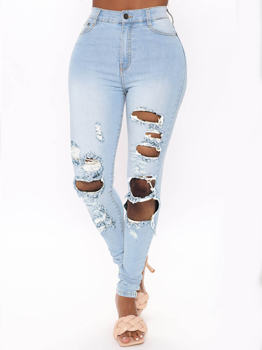 

Lovely Street High-waisted Broken Holes Baby Blue Jeans
