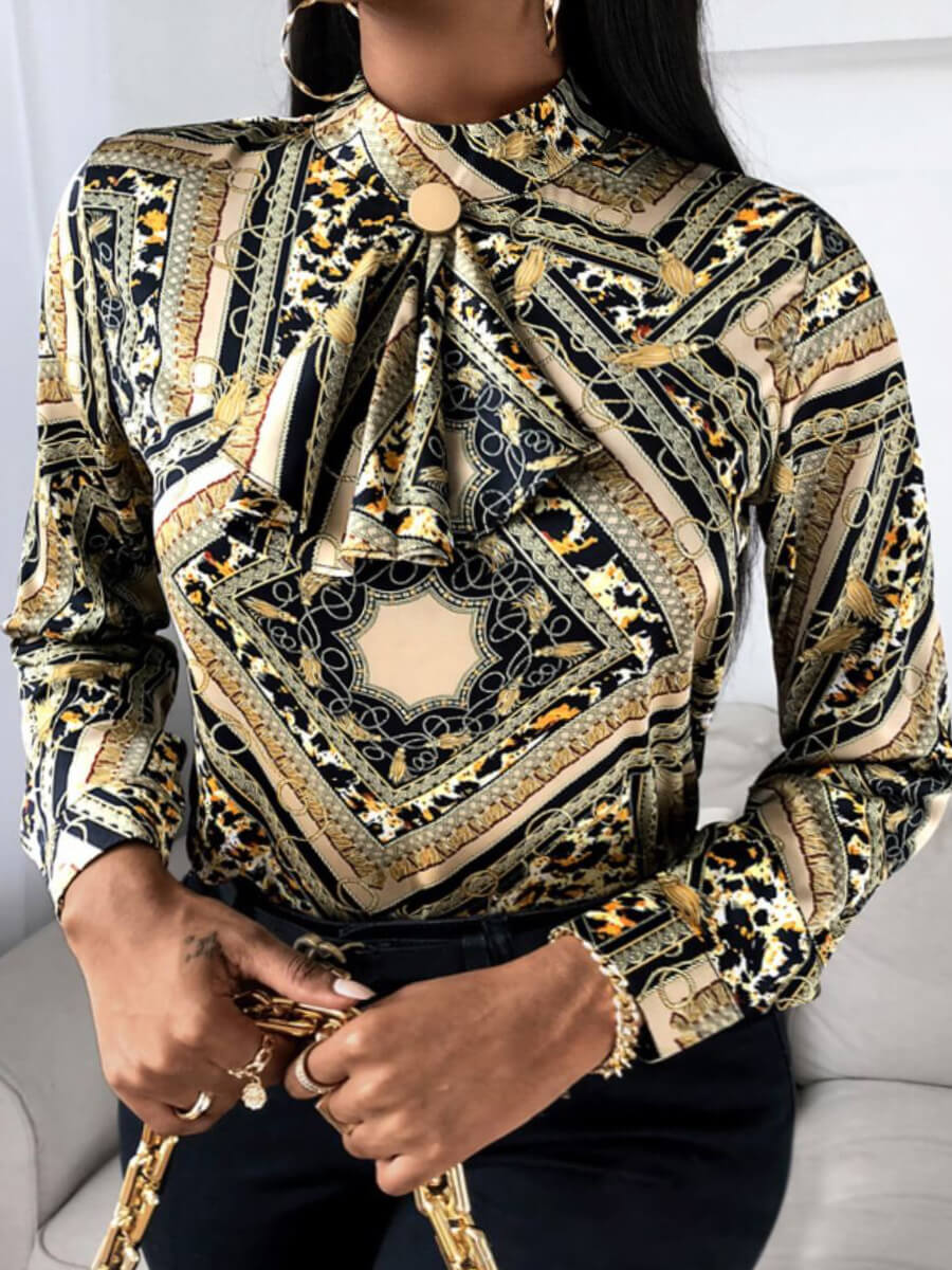 

Lovely Stylish Geometric Print Patchwork Yellow Plus Size Blouse