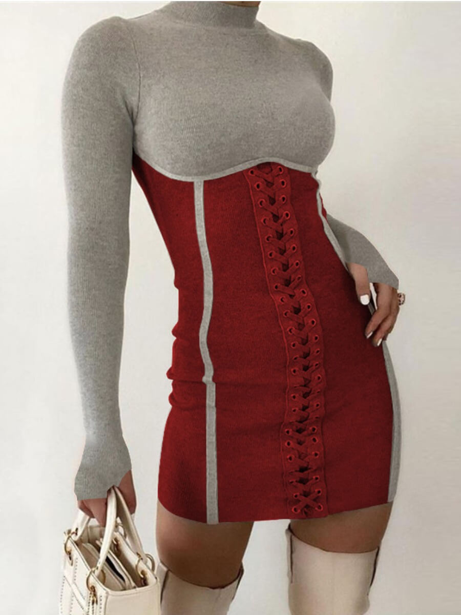 

Lovely Casual Half A Turtleneck Patchwork Red Mini Dress