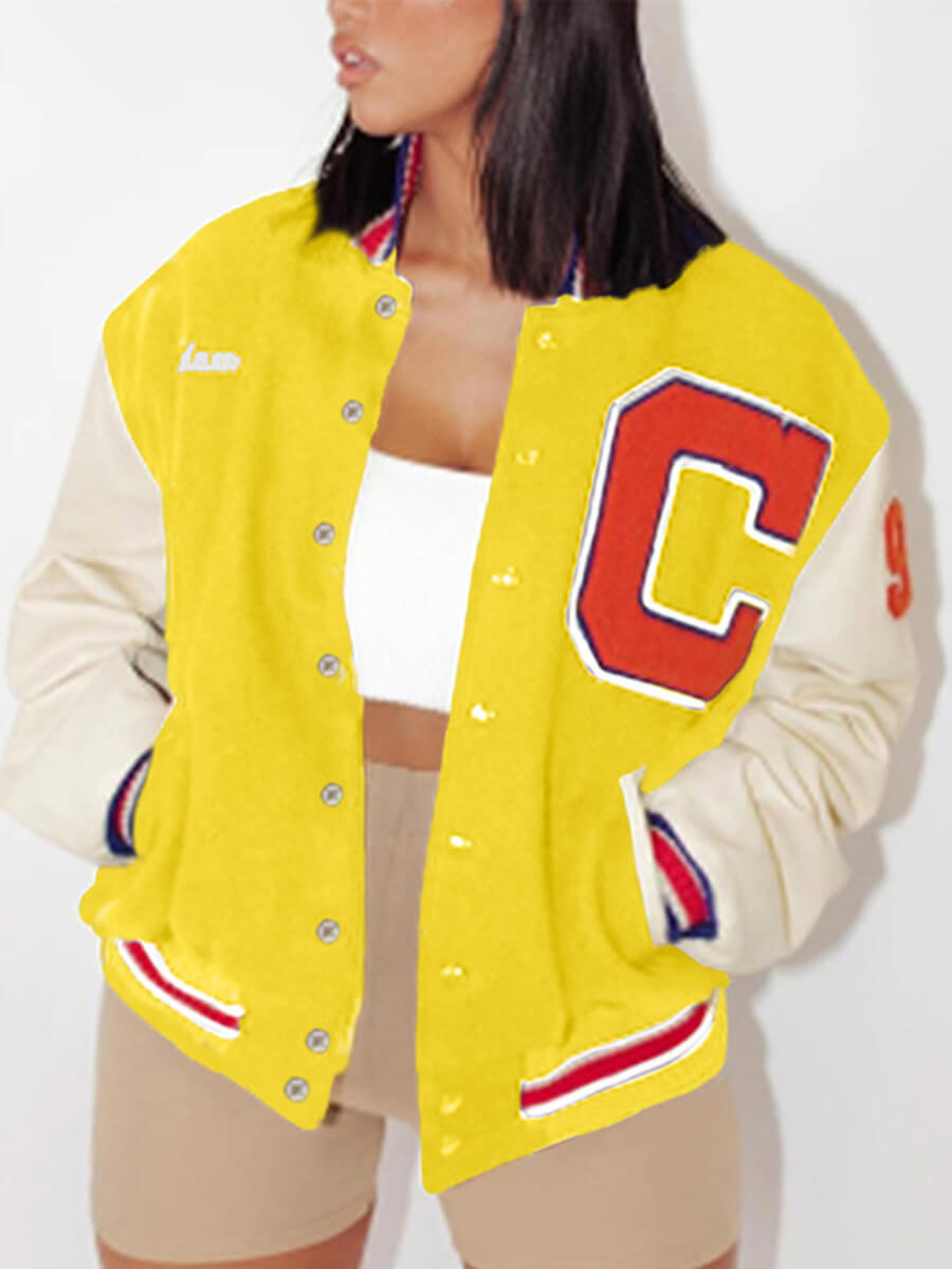 

Lovely Street Letter Print Patchwork Yellow Plus Size Jacket