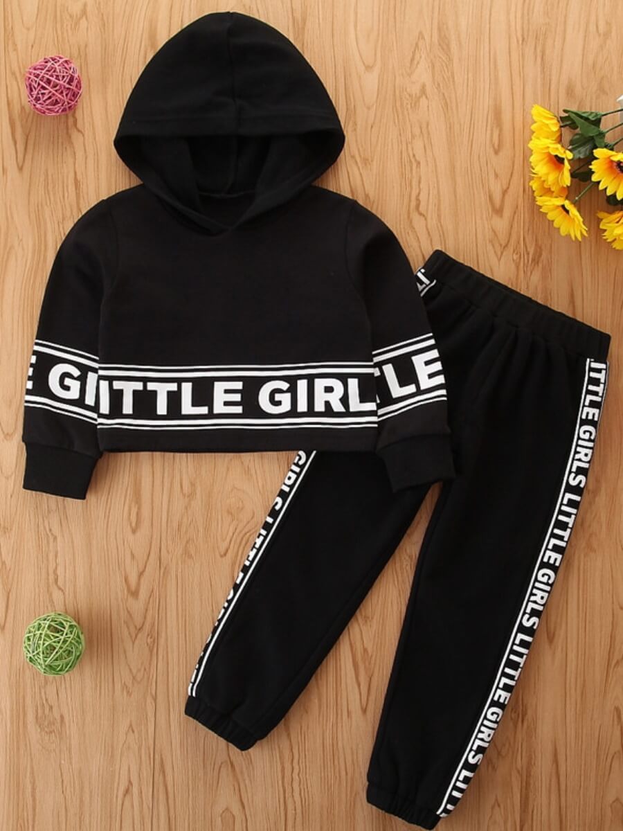 

Lovely Sportswear Letter Print Striped Black Girl Two Piece Pants Set