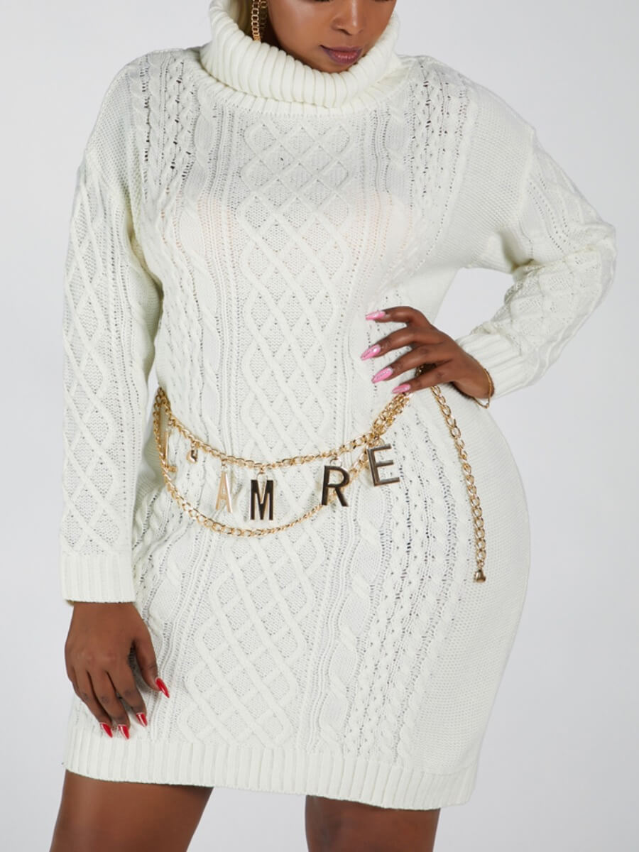 

Lovely Casual Turtleneck Loose White Knee Length Plus Size Dress(Without Waist Chain