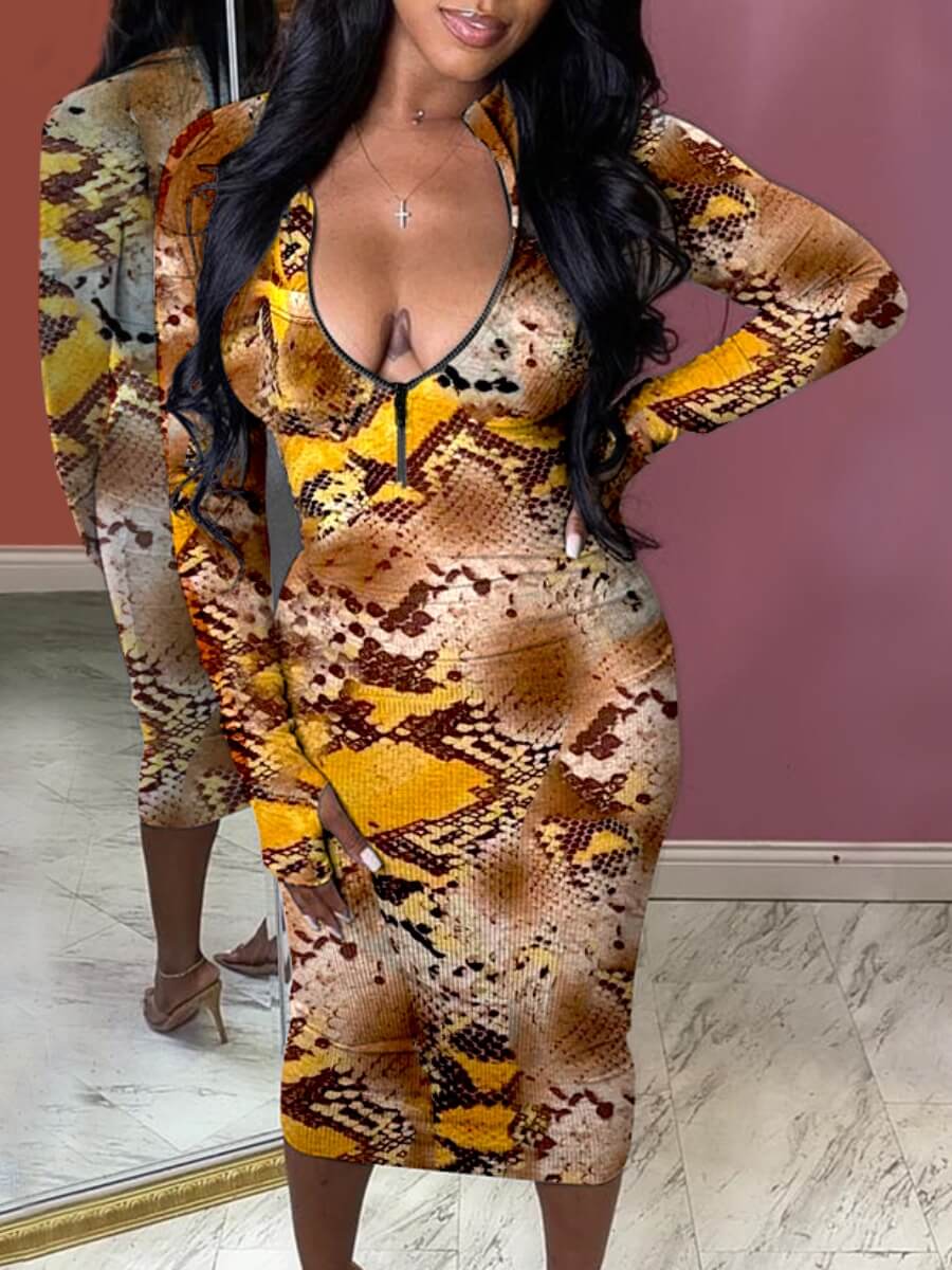 

Lovely Casual V Neck Snake Print Mid Calf Dress, Cobra