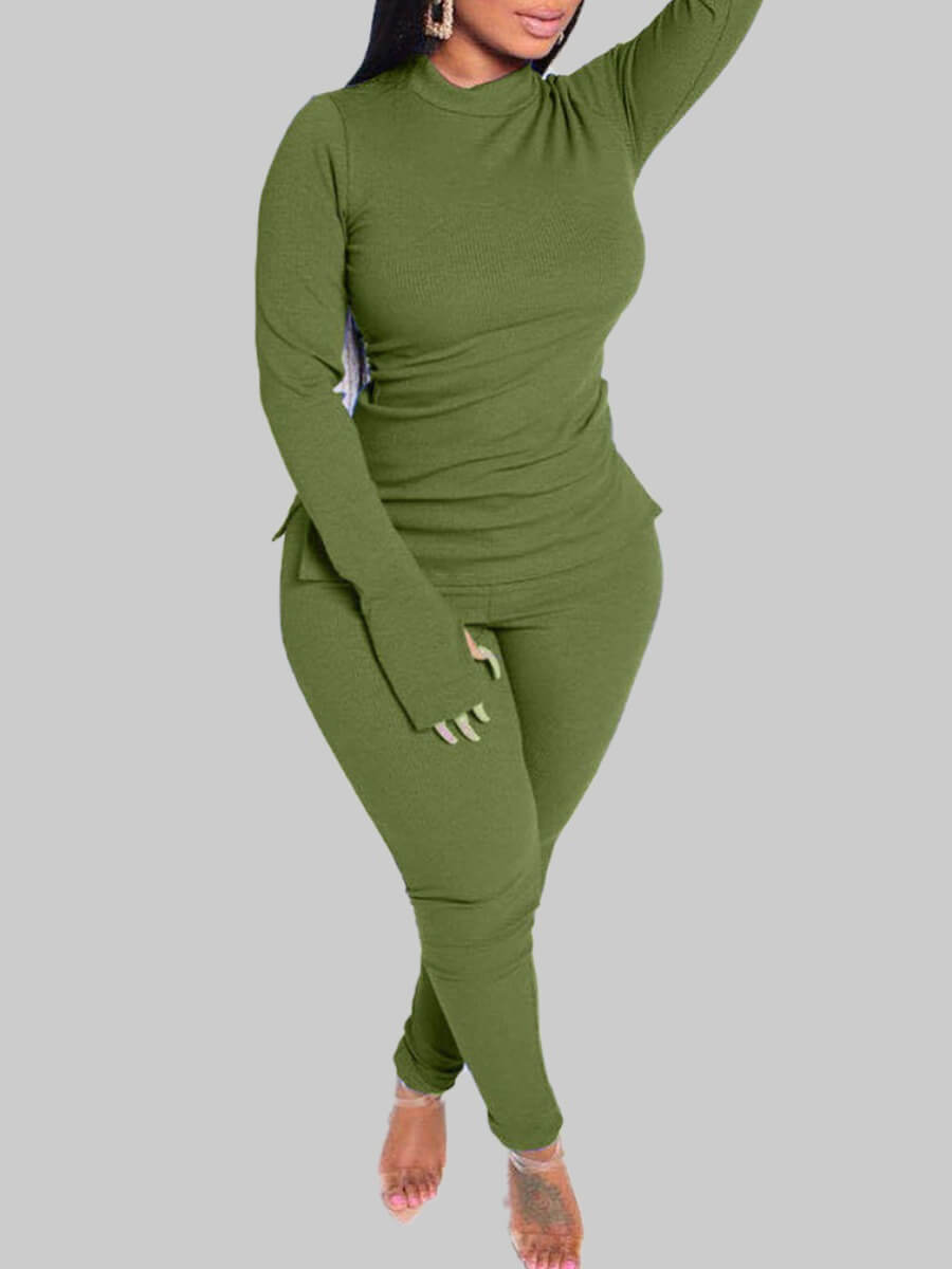 

Lovely Casual O Neck Side Slit Green Plus Size Two-piece Pants Set