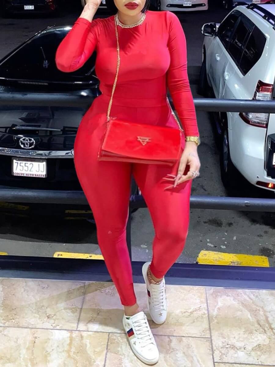 

Lovely Chic O Neck Long Sleeve Red Plus Size Two-piece Pants Set